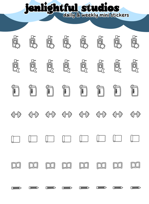 Collection of daily and weekly mini stickers with various icons on a white background.