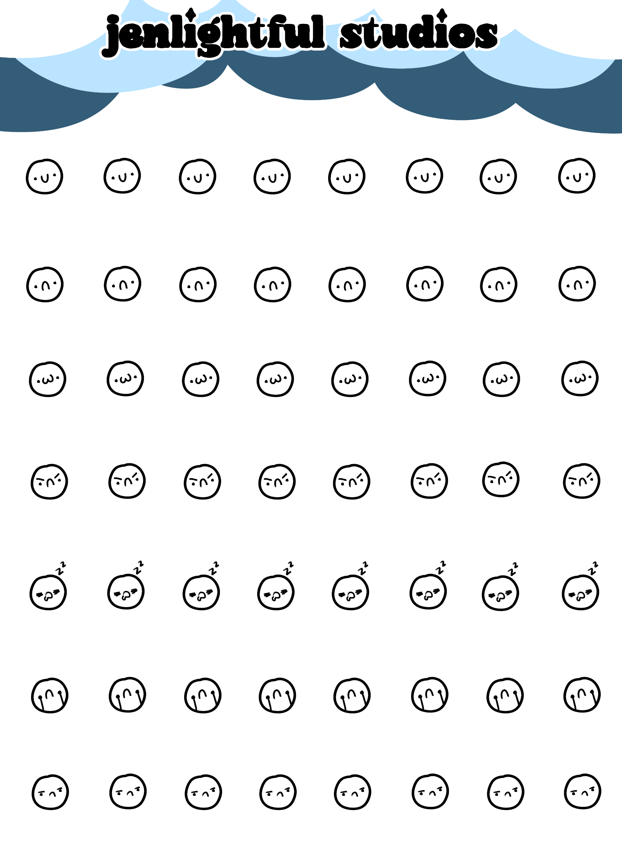 Pattern of emote faces, branded 'jenlightful studios'. sheet includes 8 of each design 