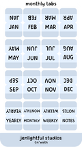 Set of blue monthly tabs with labels for each month and categories, branded 'jenlightful studios'.