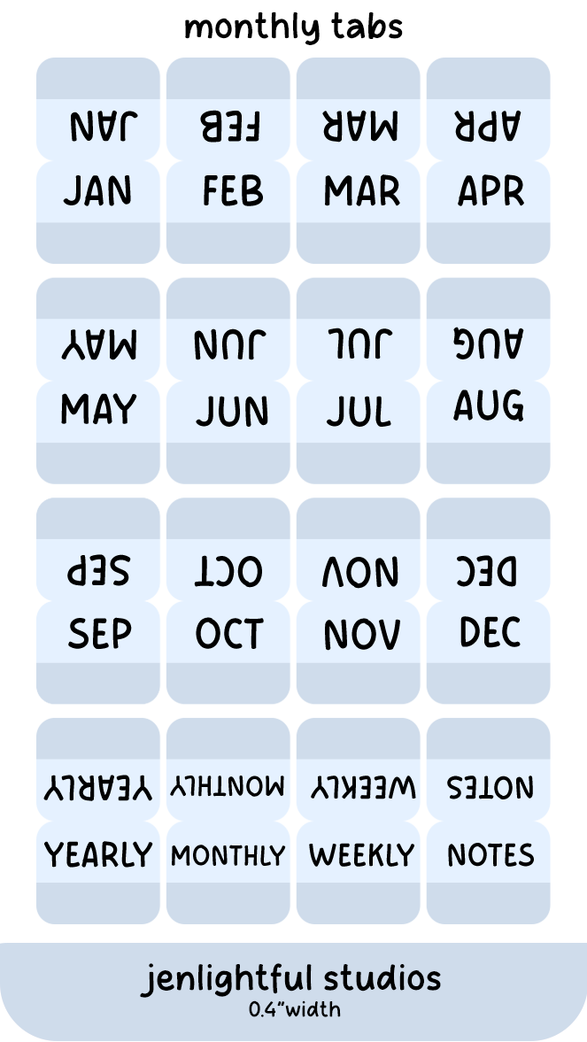 Set of blue monthly tabs with labels for each month and categories, branded 'jenlightful studios'.