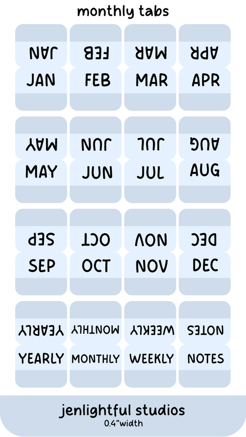 Set of blue monthly tabs with labels for each month and categories, branded 'jenlightful studios'.