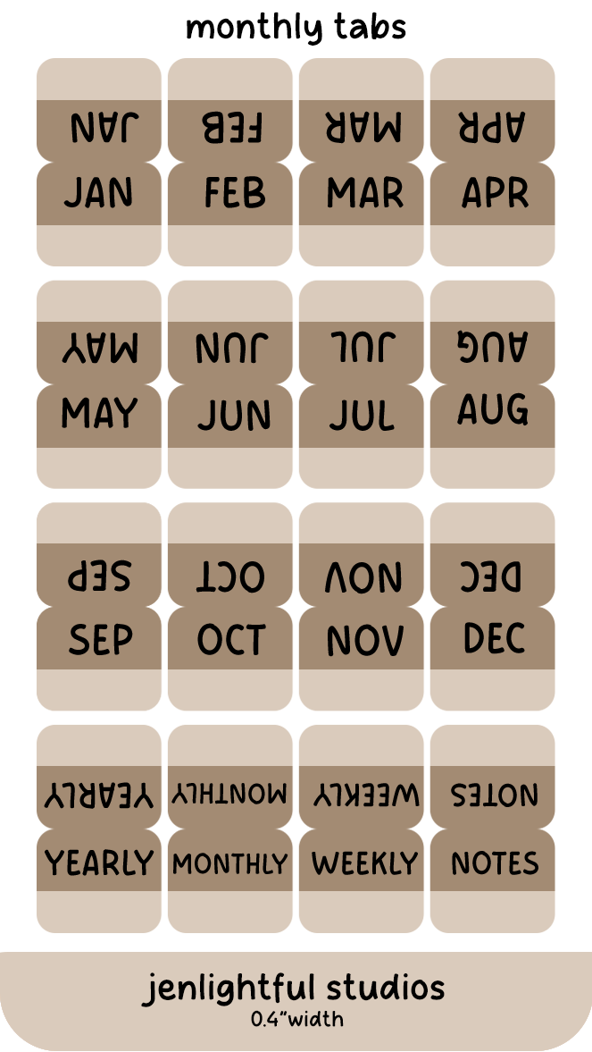Set of brown monthly tabs with labels for each month and types of notes, branded 'jenlightful studios'.