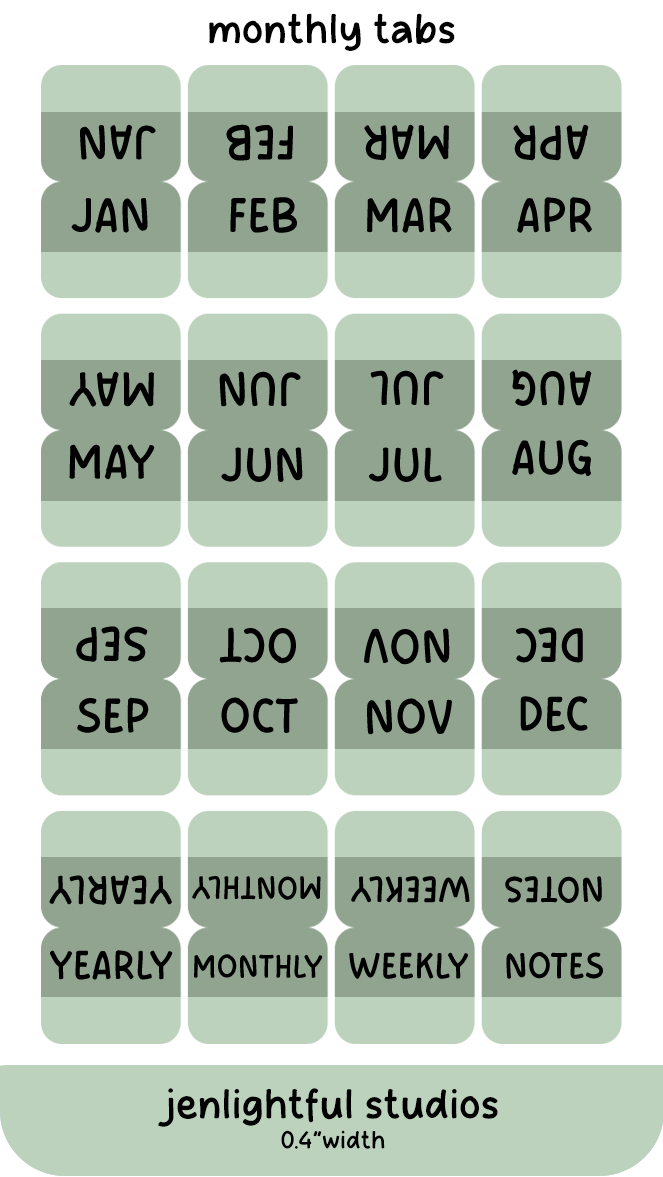 Set of monthly tabs with text labels on a green background, branded 'jenlightful studios'.