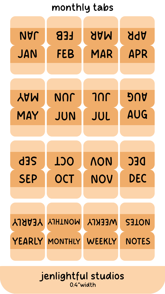 Set of orange monthly tabs with text labels for each month and types of notes, branded 'jenlightful studios'.