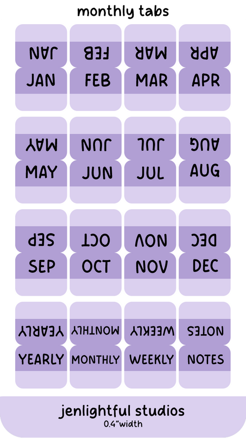 Purple monthly tabs with labels for each month and types of notes, branded 'jenlightful studios'.